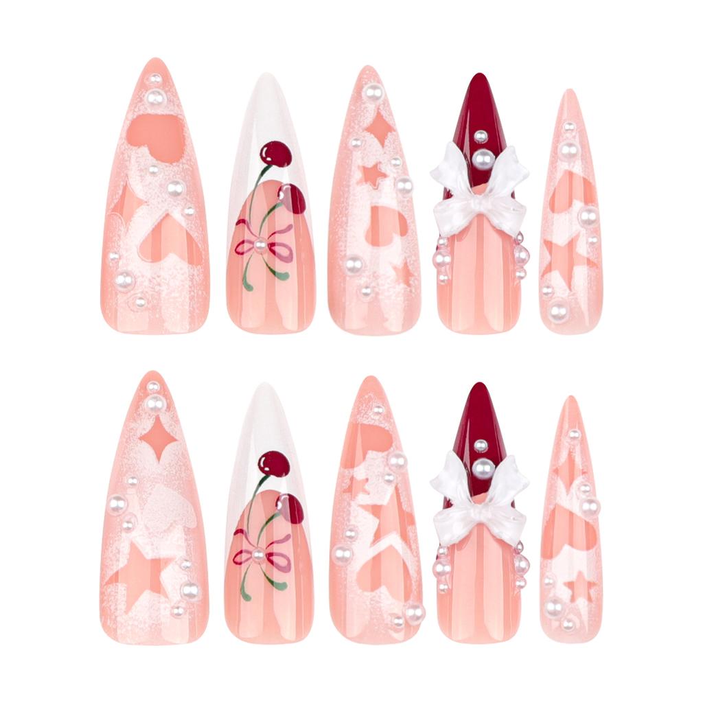 24 Pieces Cherry Pink French Wearing Nail Three-dimensional Bow Nail Art Star Love Super Long Pointed Wearing Nail Piece