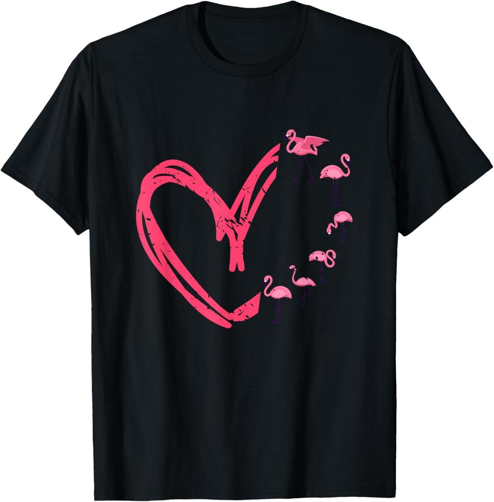 Flamingo Heart Graphic T-Shirt Casual Men's Short Sleeve Crewneck Cotton Tee Valentine Day