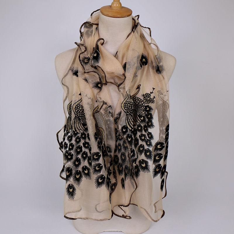 Peacock Embroidery Scarf Shawls Flocking Breathable Cut Scarves Lace Ladies Scarf Sequin Bronzed Scarf Beach Towel 190*40cm