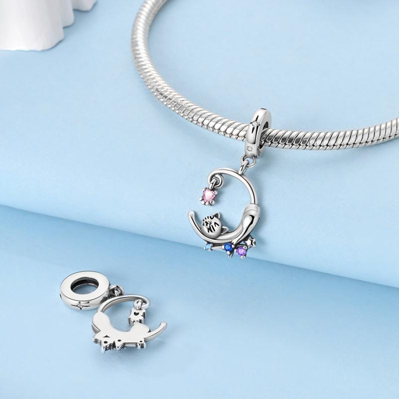 New Designcopper Cat Moon Pendants Fit Original Bracelet Charms Beads For Women High Quality Jewelry Making Gifts