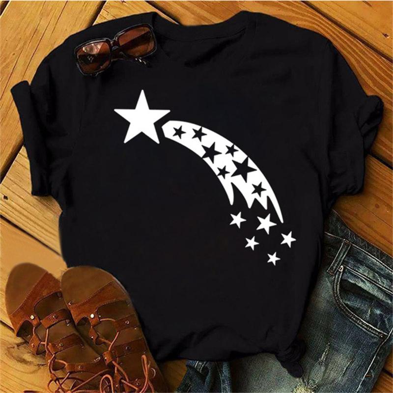 Maycaur Damen Stern Mond Druck Harajuku Sommer T-Shirts Lässig Rundhals Kurzärmeliges Oberteil T-Shirt Damen Schwarz T-Shirt Drop Ship