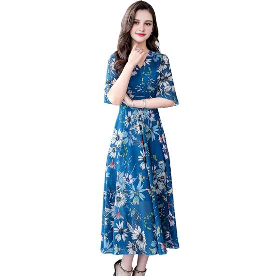 Women's Casual Flowy Chiffon Maxi Dress A-line Ruffle Short Sleeve V Neck Long Dress Boho Floral Summer Dress