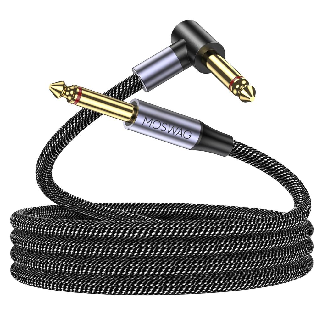 MOSWAG Guitar Cable 10m Shielded Instrument 24K Gold Plated 6.35mm TS Nylon Braided Straight To Right Angle L-Shaped Plug OFC Conductor