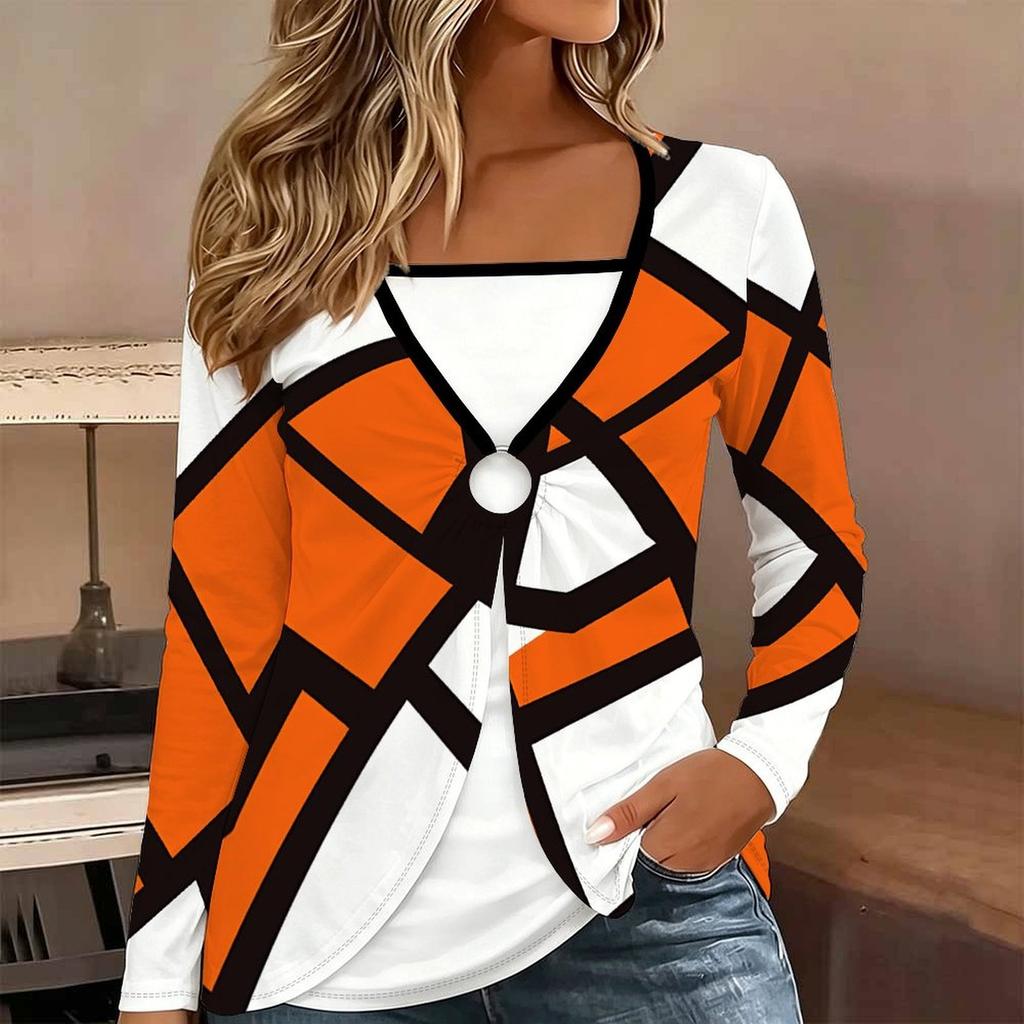 Tops for Women Geometric Pattern Print Long Sleeve Fake Two‑Piece Top Fall Casual Slim Pullover Women's Long Sleeve Top