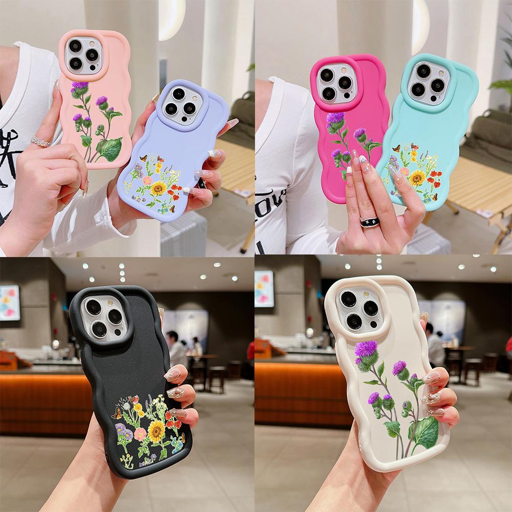 N75 Motýli květiny Makaron Vlnitý okraj Pouzdra na telefon pro iPhone 16 Pro Max Samsung S24 S23 Ultra A35 A54 A55 Xiaomi Redmi Note 13 Nárazuvzdorný kryt