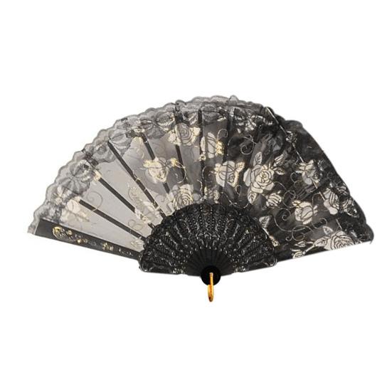 Lace Rose Flower Folding Fan Vintage Lightweight Portable Summer Hand Held Fan Decoration Dance Performance Props Party Accessories