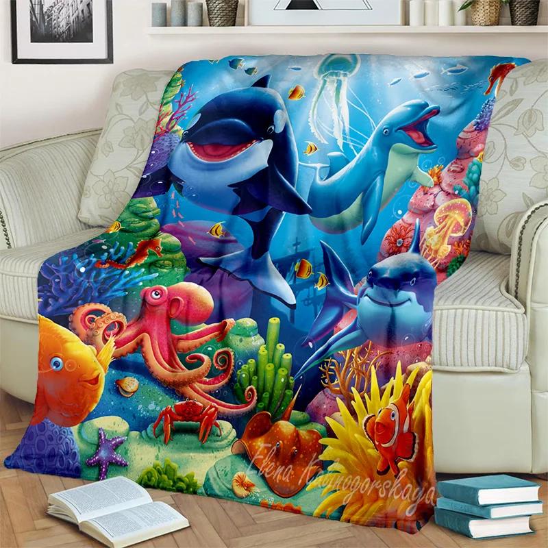 3D Unterwasserwelt Meeresboden Cartoon Decke, Weiche Überwurfdecke für Zuhause Schlafzimmer Bett Sofa Picknick Reisen Büro Überdecke Kinder