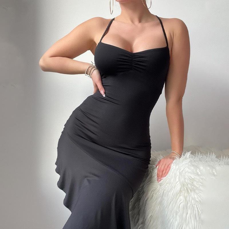 European and American Summer Sexy Backless Lace Up Suspender, Solid Color Irregular Dress for Women