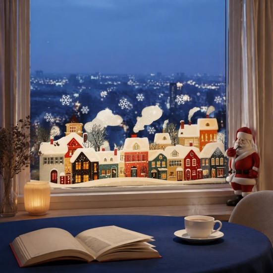 Easy Peel Glass Stickers Christmas Static Window Clings, Snow Town Snowflake Decals, Winter Village for Home Holiday Decor Decoration Seasonal Film