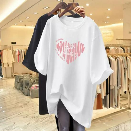 2023 European Women's Pink Love Print Loose Summer T-Shirt