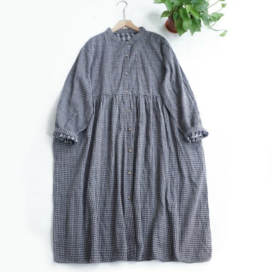 Women Dress V Neck Plaid Print Long Sleeve Single-breasted Double-layered A-line Loose Hem Pleated Shirring Cuff Spring Fall Midi Dress