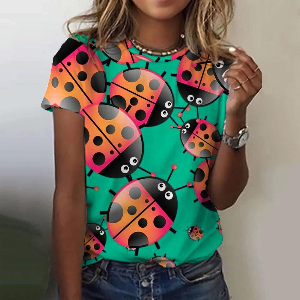 Summer Ladybug Floral 3D Print T-shirts Women Streetwear Casual Fashion Y2k Short Sleeve T Shirt O-neck Tees Tops Clothing