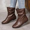 Retro Short Boots Women's Spring/Autumn Flat Bottom Pleated Boot Middle Barrel Stacked Boots Women Shoes Mid-Calf Ladies Shoes