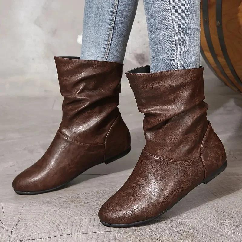 Retro Short Boots Women's Spring/Autumn Flat Bottom Pleated Boot Middle Barrel Stacked Boots Women Shoes Mid-Calf Ladies Shoes