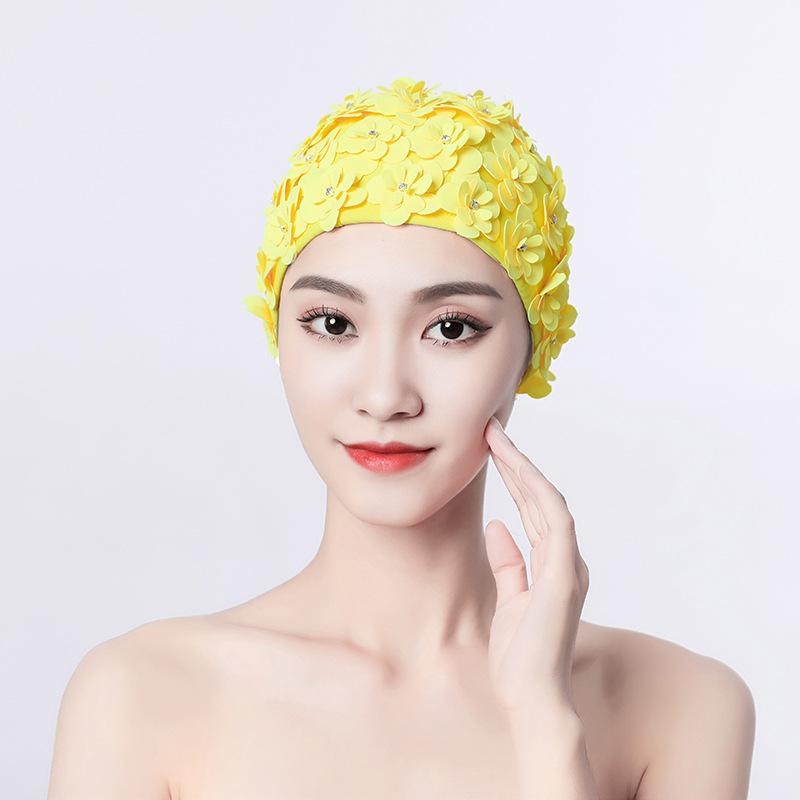 Swimming Cap Female Diamond Flower Handmade Three-dimensional Hand-stitched Three-layer Flower Does Not Strangle The Head Double Fabric Swimming Spa
