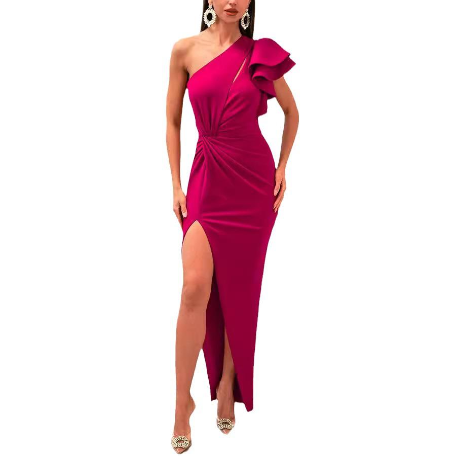 Women's One-Shoulder Cutout Ruffle Sleeve Slit Evening Dress