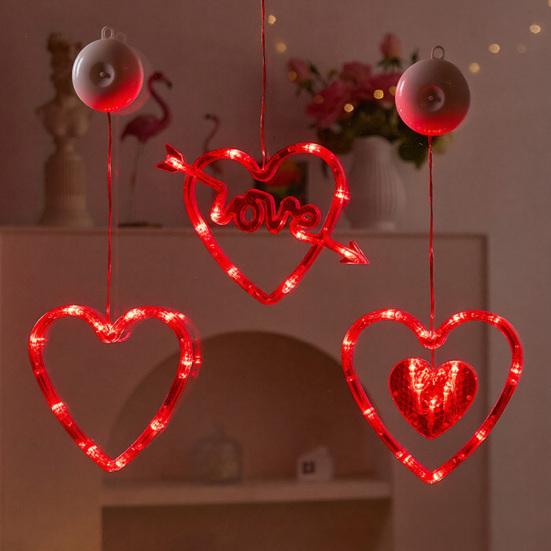 3Pcs Heart Curtain Lights with Suction Cups Portable Love Lamp Valentine's Day Window Lights with Remote Control Festive Romantic Lighting for