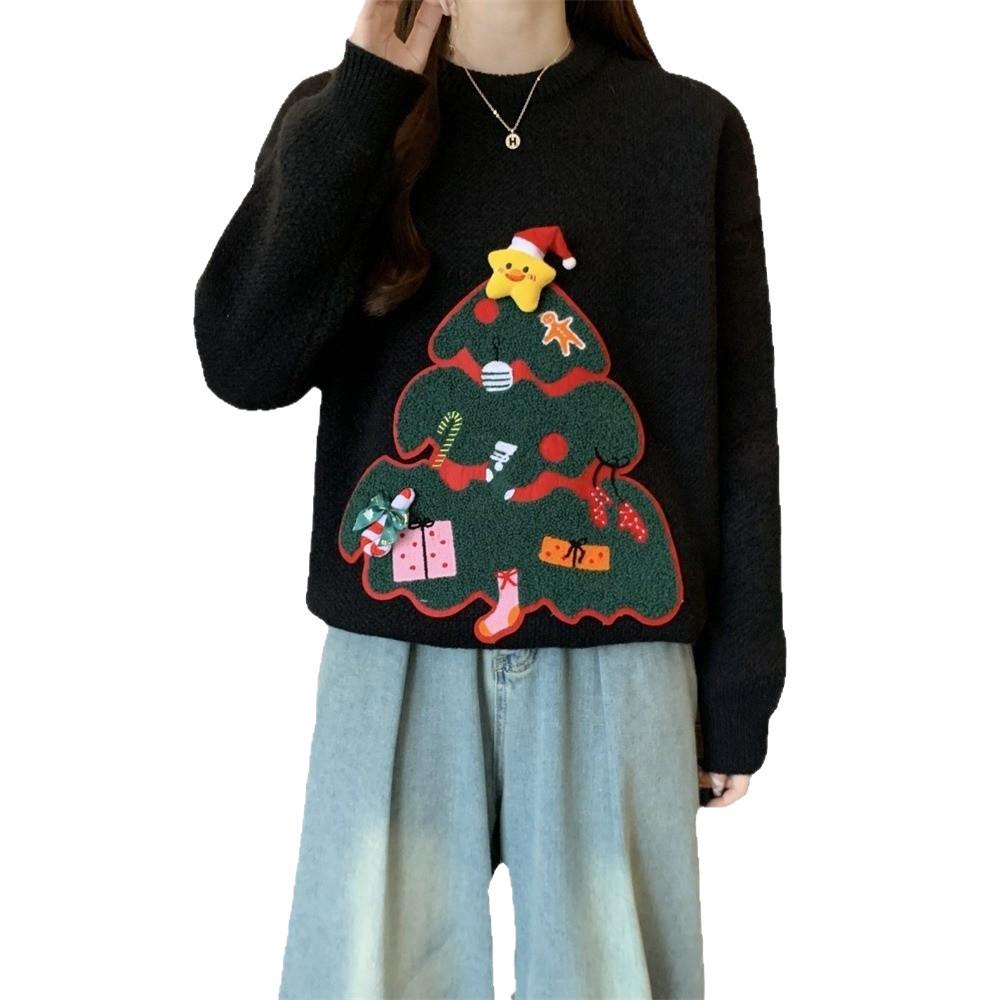 Women's Red Christmas Pullover Sweater - Casual Round Neck Knitwear for Autumn/Winter 2025
