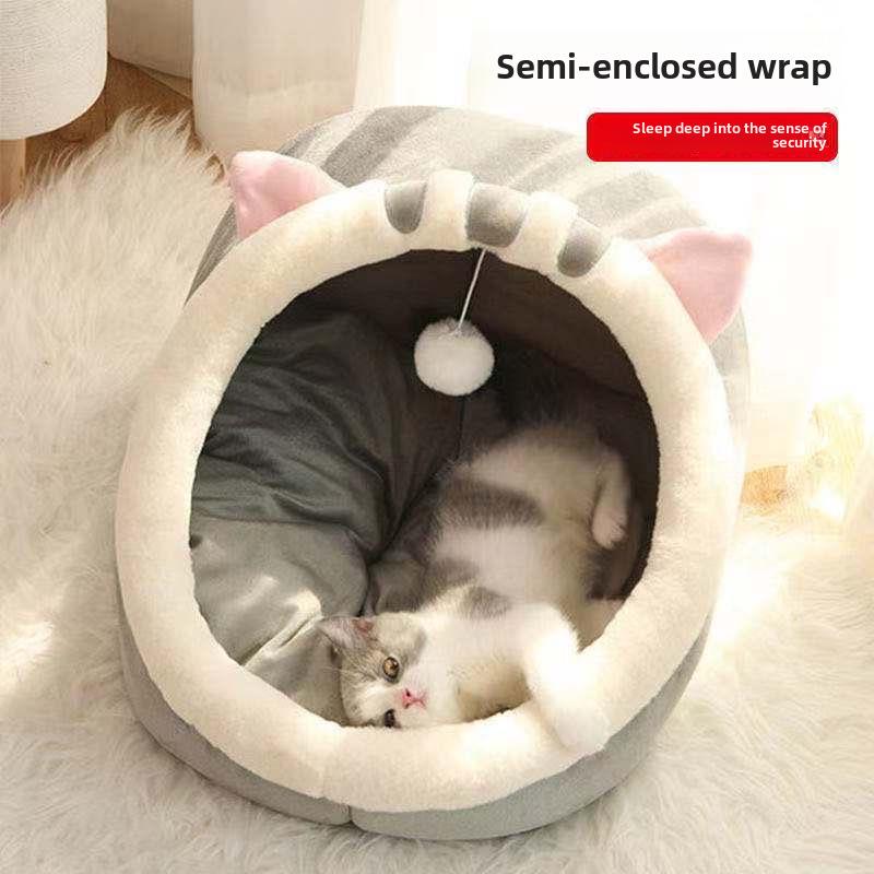 Four Seasons Cute Semi-Closed Pet Bed – Cozy for Cats & Dogs