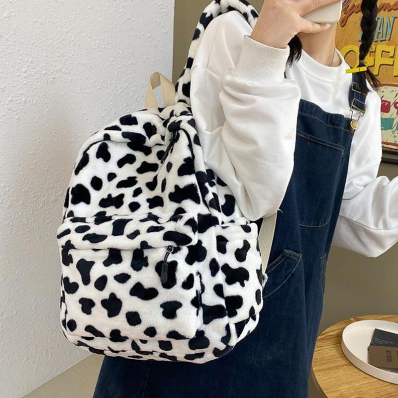 Mode Plüsch Rucksack Für Frauen Große Kapazität Mädchen Schule Tasche Nette Kuh Muster Rucksack Winter Neue Reise Rucksack