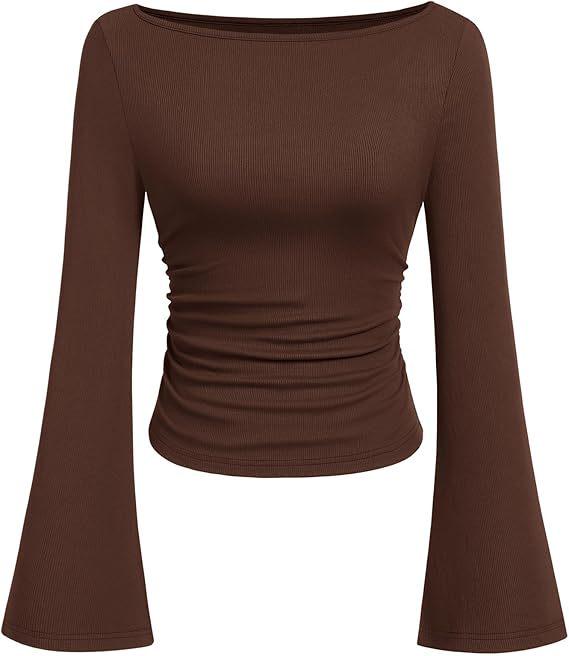 2025 M. Ruduo, Slim Fit, Moteriškas, Valties Kaklas, Varpeliu Rankovės, Raukinė Palaidinė - Vienspalvė, Ilgomis Rankovėmis