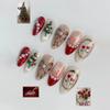 24Pcs Red Glitter Christmas Leaf Pattern Short Oval Press On Nails Fake Nail Tips Set