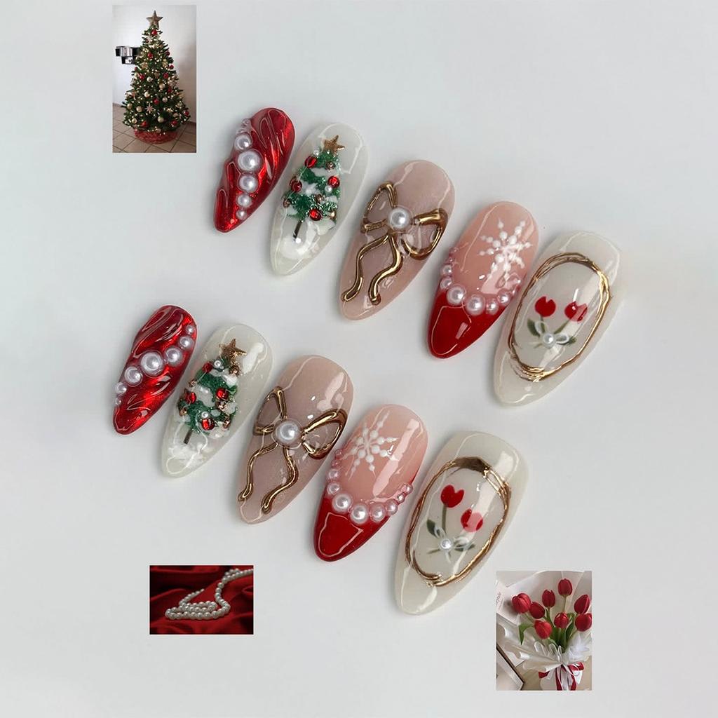24Pcs Red Glitter Christmas Leaf Pattern Short Oval Press On Nails Fake Nail Tips Set