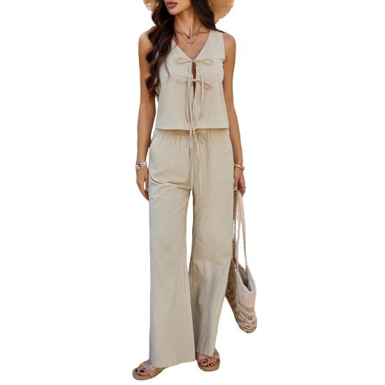 Yousheng Women's Summer 2 Piece Outfit Tie Front Sleeveless Vest Top Wide Leg Pants Set Casual Lounge Suit for Home Party Office