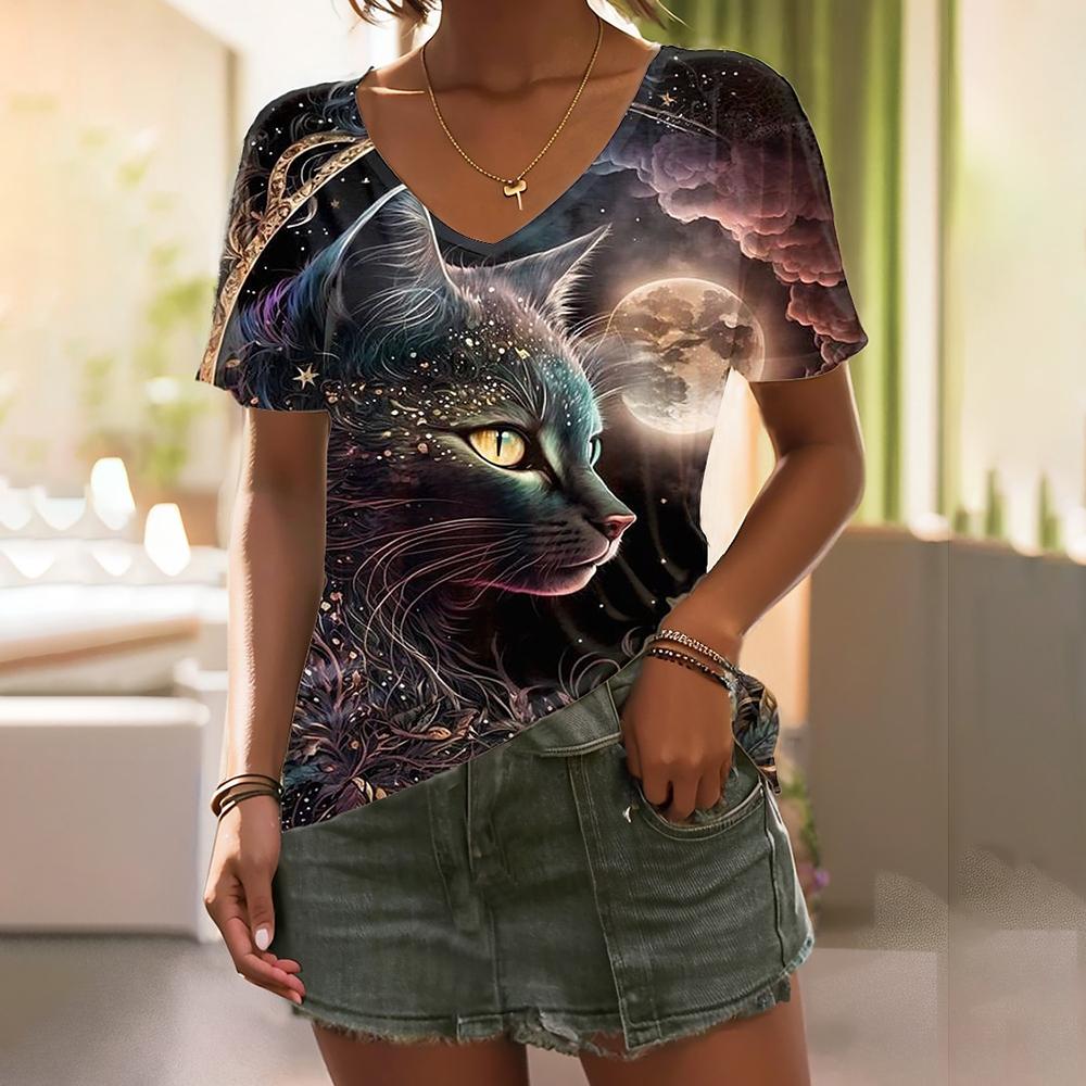 Summer Women's T Shirt Tee 3d Cat Print Daily Weekend Fashion Short Sleeve Fashion Funny V Neck Casual T-Shirts For Woman