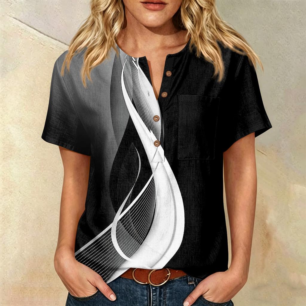 Women’s Fashion Printed Henley Neck Short Sleeve Cotton Linen Shirt with Chest Pocket and Button Front Design for Casual Wear
