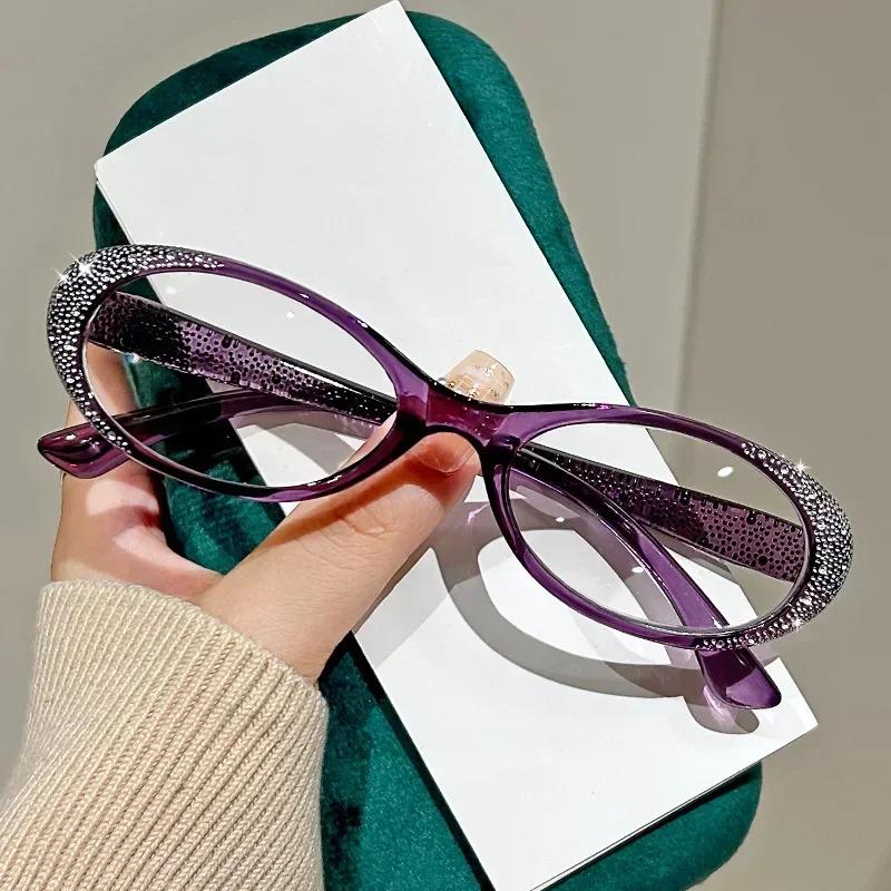 Diamonds Ladies Fashion Small Frame Anti-Blue Light Presbyopia Glasses Transparent Lenses Luxury Elderly Reading Glasses