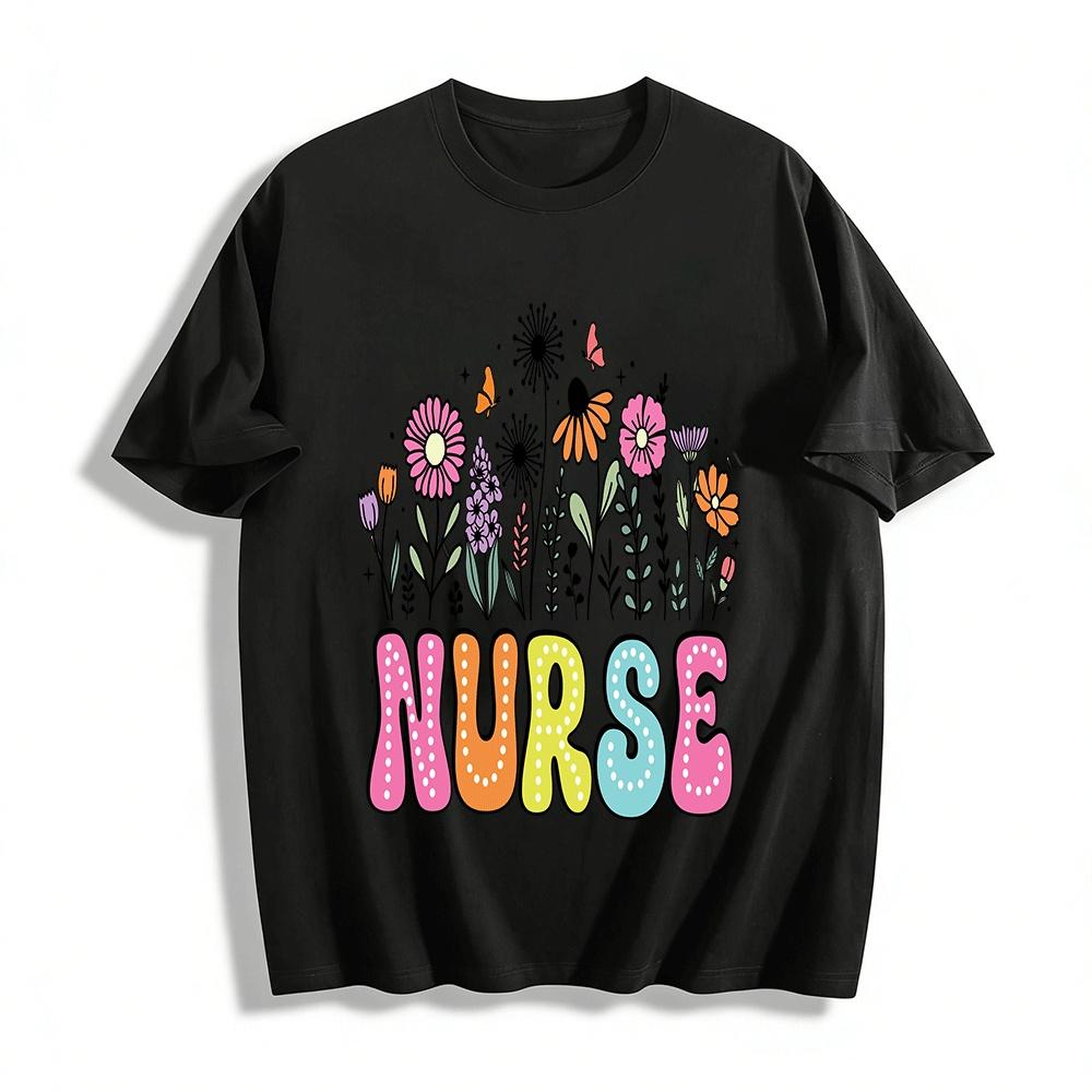 Floral Print Nurse Themed Casual Short Sleeve T-Shirt Pure Cotton T-shirt