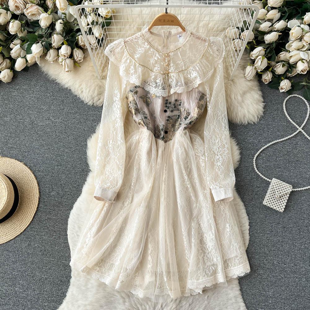 French Retro Palace Lace Jacquard Patchwork Dress Long Sleeves Ruffles Women Elegant Evening Party Dresses