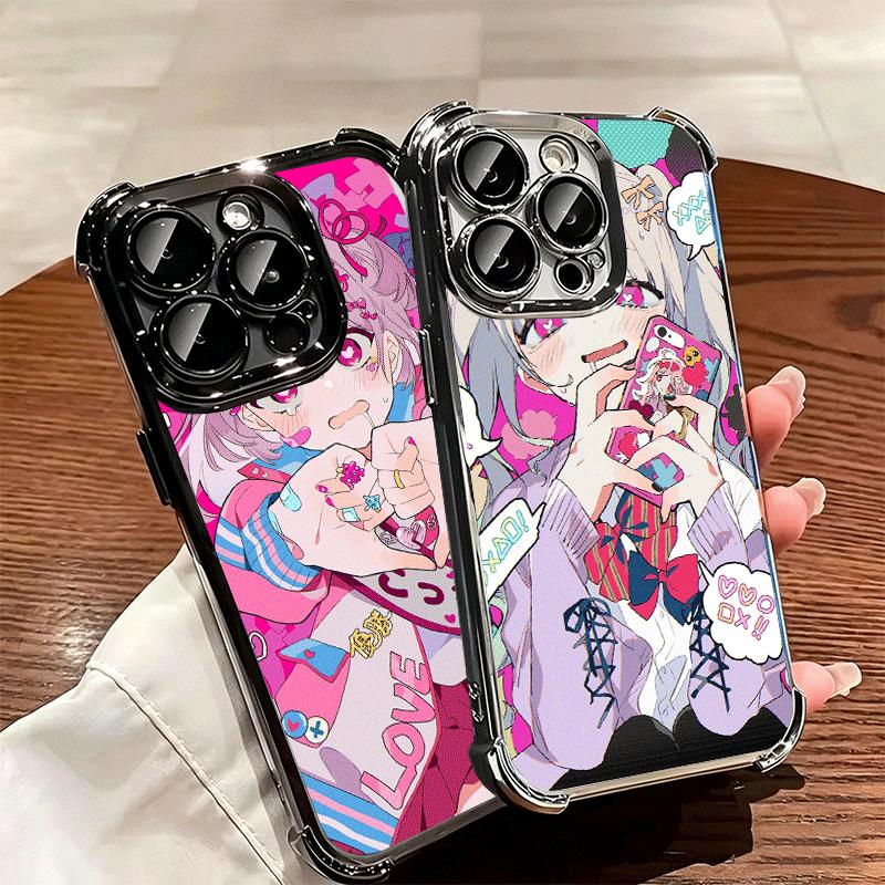 Anime Kwaii Girl Ins Style Plating Phone Case For Iphone 16 17 Pro Max Air 16E 14 15 Plus 12 13 Mini Anti-Fall Airabag Cover