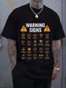Humorous Warning Signs Graphic T-shirt - Black Short Sleeve Round Neck Tee with Playful Caution Icons