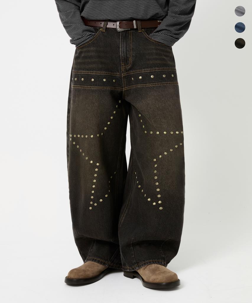 TRILLION Star Hot Fix Balloon Fit Washed Denim Pants_3Color