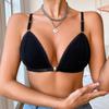 Women Front Closure Ribbed Knit Bra Lace Trim Deep V Adjustable Strap Wireless Lingerie