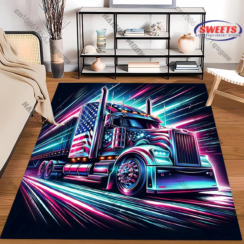 American Flag and Truck-Themed Non-Slip Carpet for Living Room or Garage Soft Rug for Home Sofa Bedroom, Gift Mat