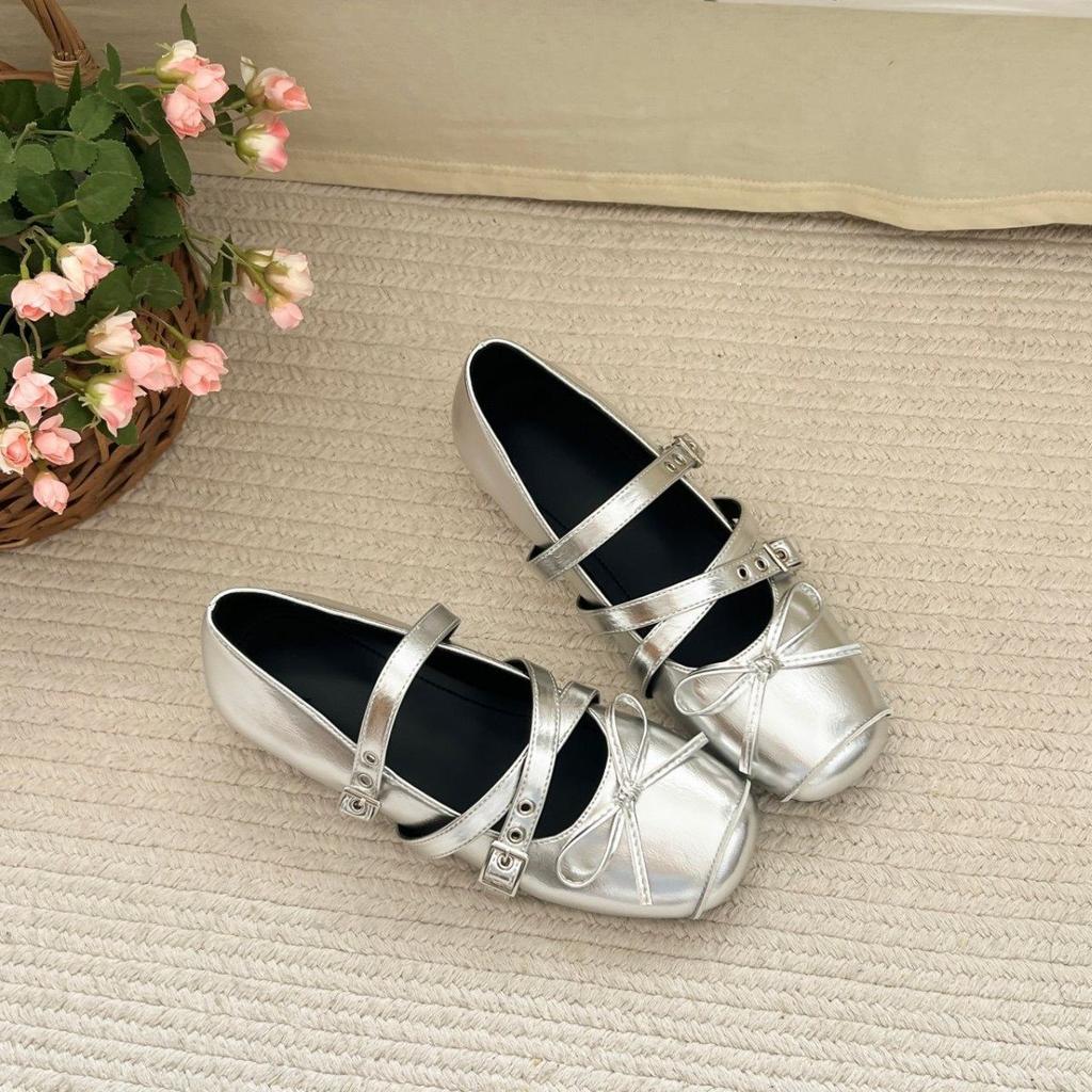 Silver Inner Height Increase Mary Jane Shoes Bow Flat Bottom New 6Cm French Single Shoes Women'S Summer Ballet Large Size Women'S Shoes