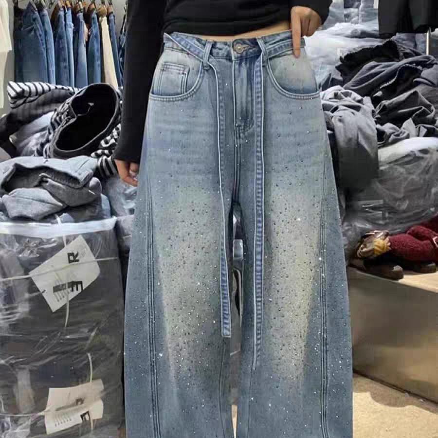 American Star Rhinestone Sparkle Denim Pants - Women's Wide-Leg Floor-Length 2026 Spring Scythe Style