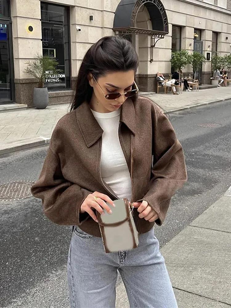 Módní hnědá vlněná bunda na zip pro ženy elegantní klopa dlouhý rukáv krátké kabáty dámské vintage podzimní dámské pouliční svrchní oblečení