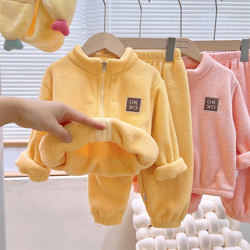 Sets Autumn Winter Warm Fleece Suits Cardigan Pants Outfits Boys Girls Homewear