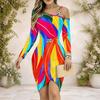 Women Plus Size Colorful Printed Cold Shoulder Long Sleeve Chain Strap Bodycon Dress