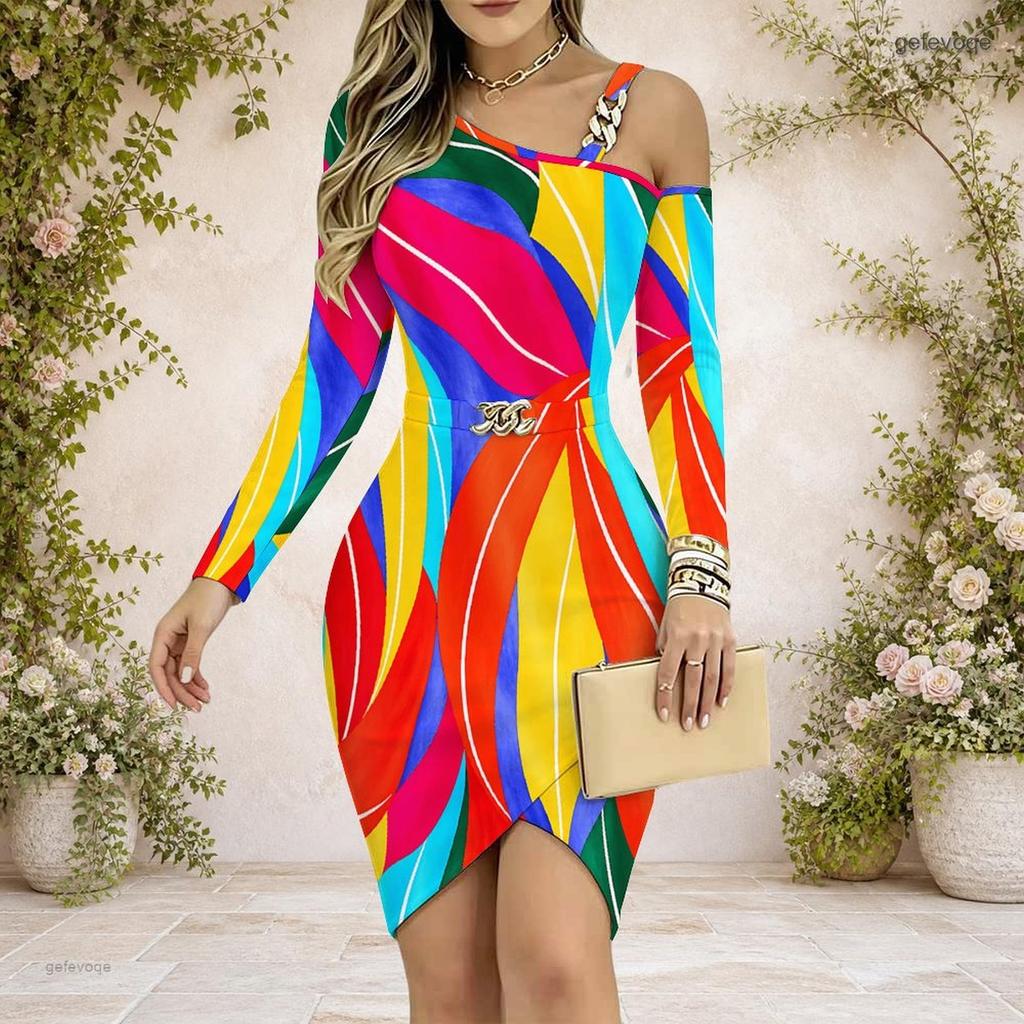Women Plus Size Colorful Printed Cold Shoulder Long Sleeve Chain Strap Bodycon Dress