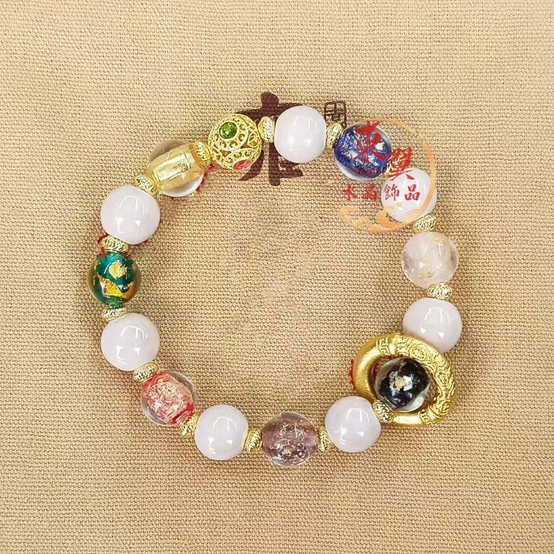 Multi-color Ceramic Beads Bracelet with Gold Foil and Ash Glaze - Gray & Pink Luck Charm from Panjiayuan Scenic Area