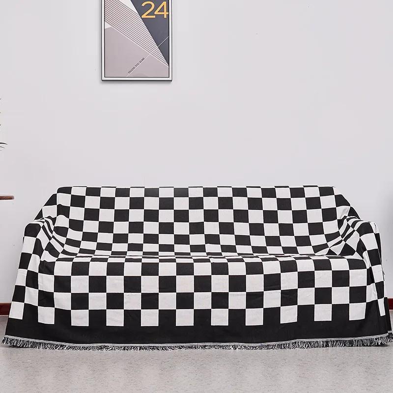 Vintage Checkered Knitted Throw Blanket used for Living Sofa Couch Bed Outdoor Camping Picnic Mat Jacquard Bedspread Retro Plaid Tablecloth