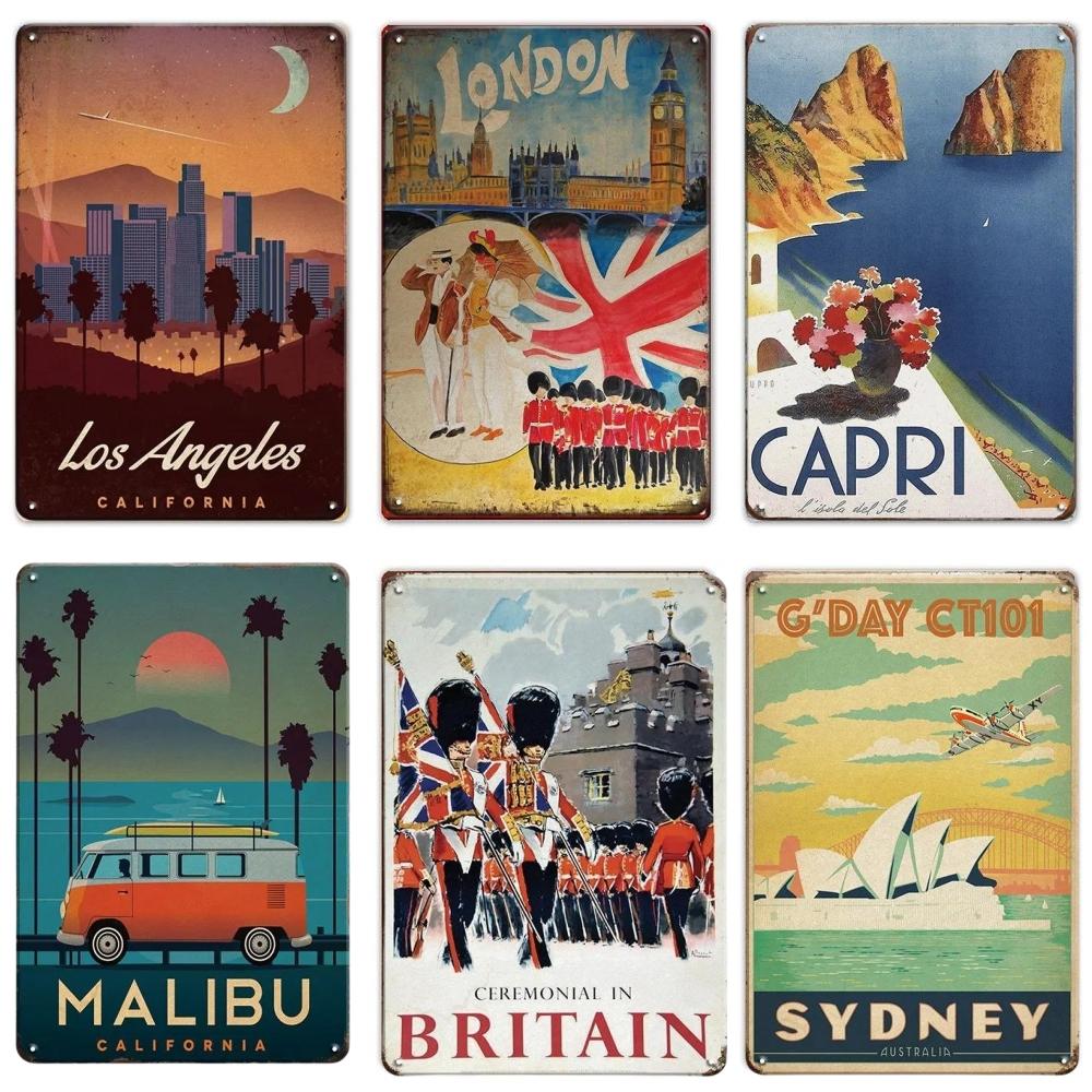 D Flat Metal Sign Vintage Travel Poster Tin Sign Set World Cities Honolulu Malibu Capri Retro Wall Art Home Decor