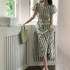 Retro Plaid Bubble Sleeves Hollow Waist Dress Women's Summer New Korean Long Dress French Design Skirt