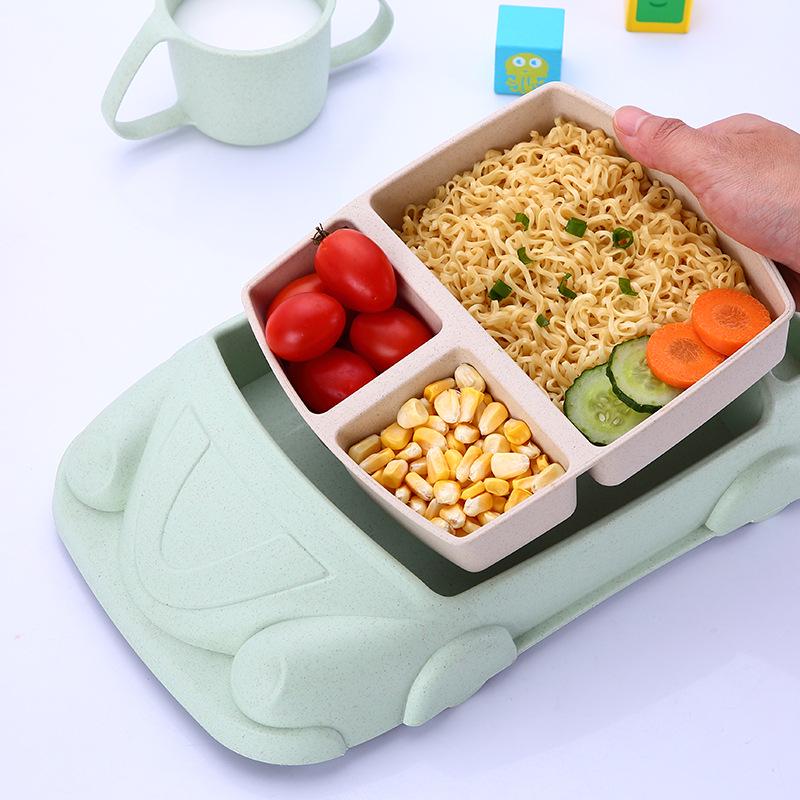 Wheat Cartoon Car Kids' Tableware Set: Divided Plate, Chopsticks, Fork, Spoon, Cup.