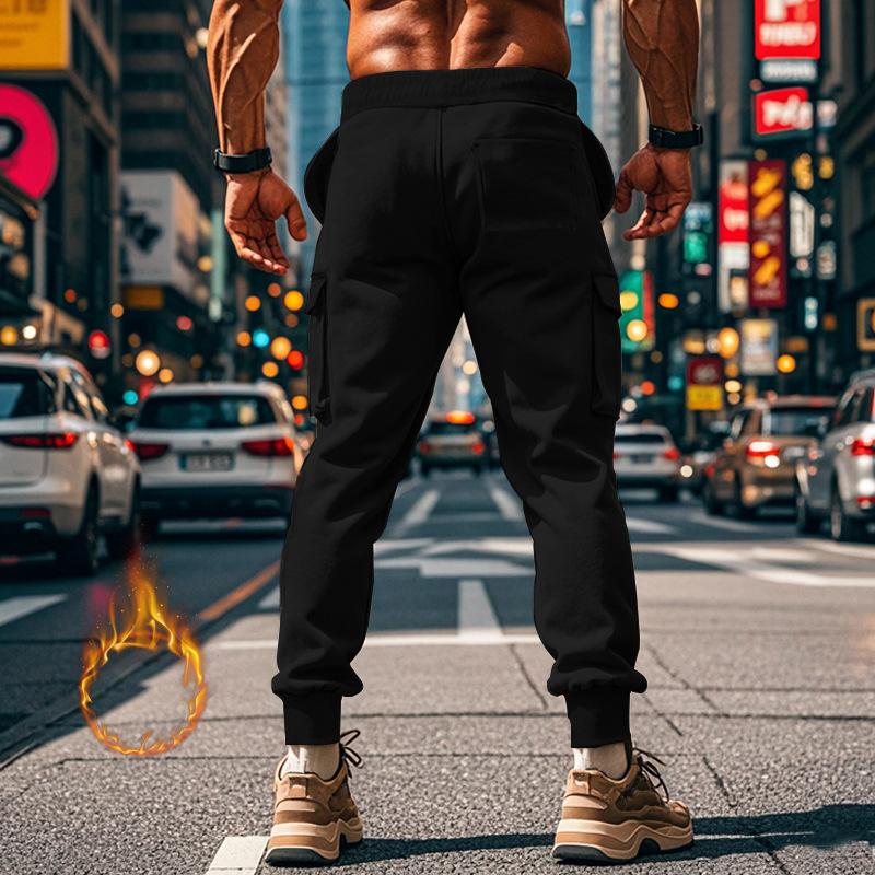Mens Overalls Loose Joggers Cargo Pants Sweatpants Active Sports Trousers Drawstring Multi Pocket Fleece Warm Men's Casual Pants